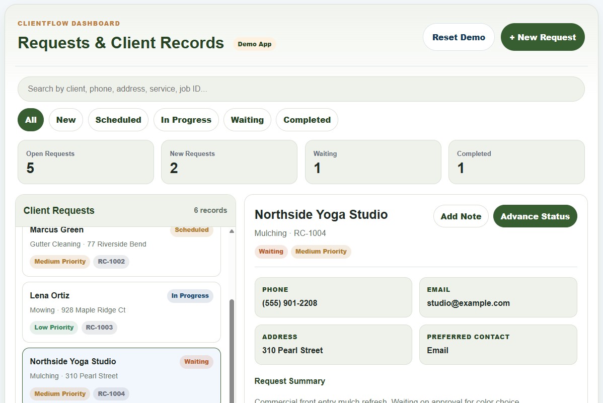 Screenshot of the ClientFlow business workflow tool demo