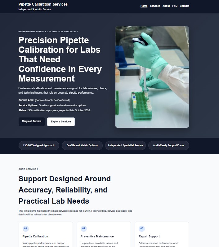Screenshot of a calibration business website demo